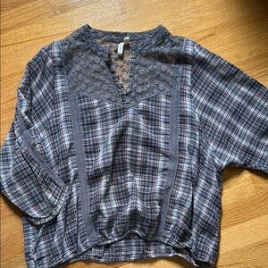 We The Free Blue Gray Boxy Blouse with Mandarin Collar